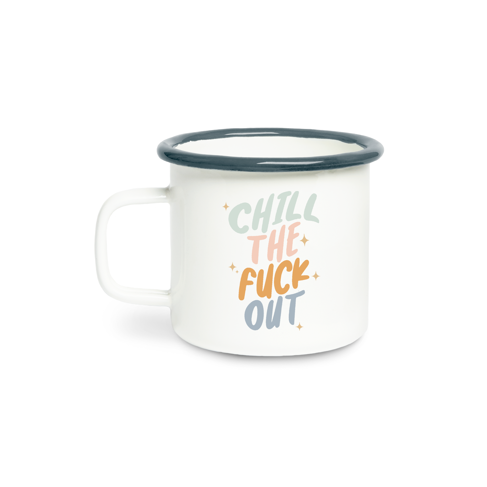 White mug with colorful text 'CHILL THE F*** OUT' on a white background