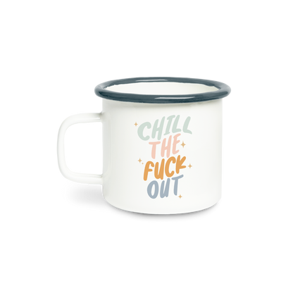White mug with colorful text 'CHILL THE F*** OUT' on a white background