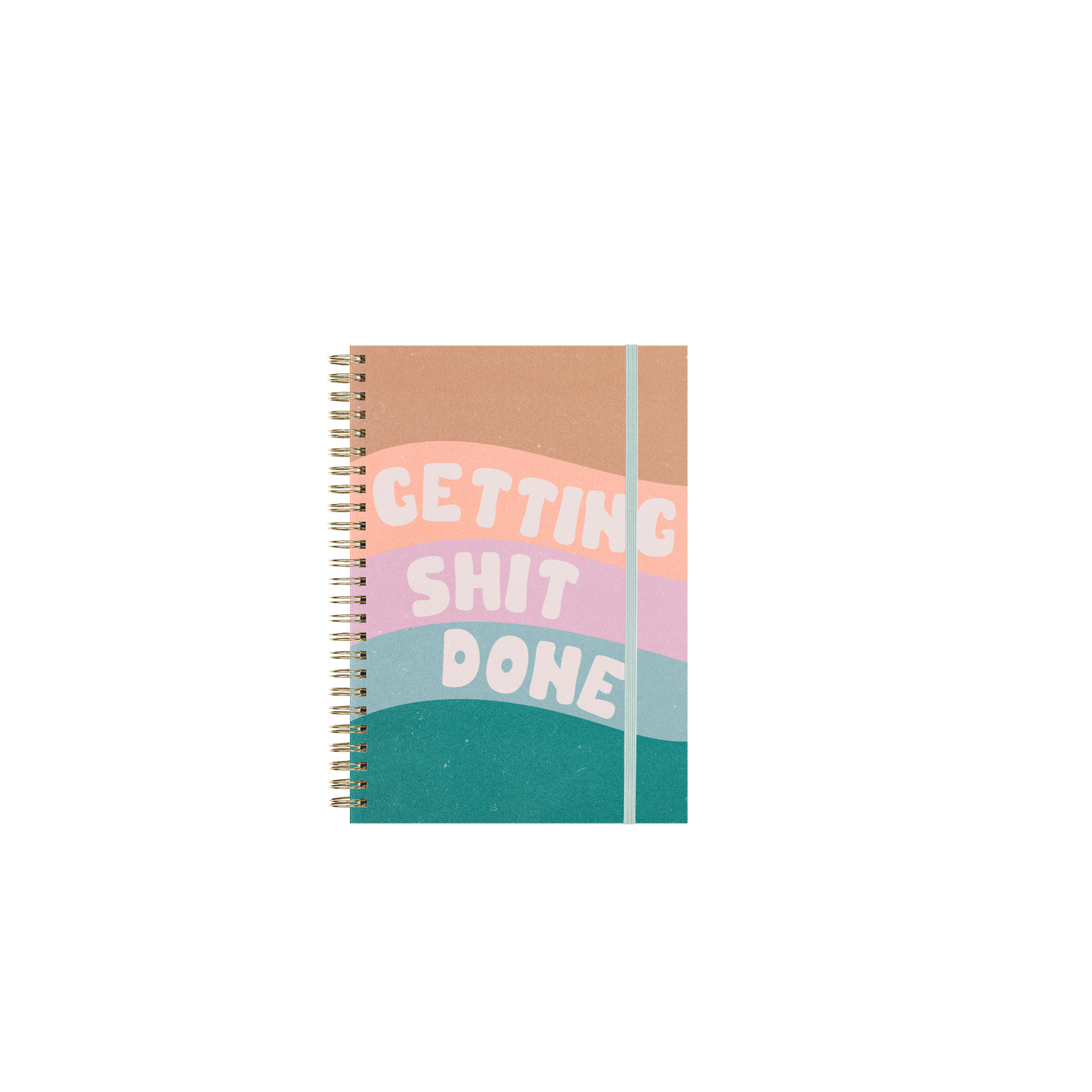 Notebook with colorful design and text on a white background