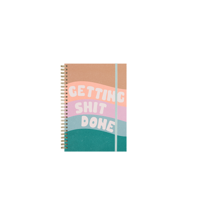 Notebook with colorful design and text on a white background