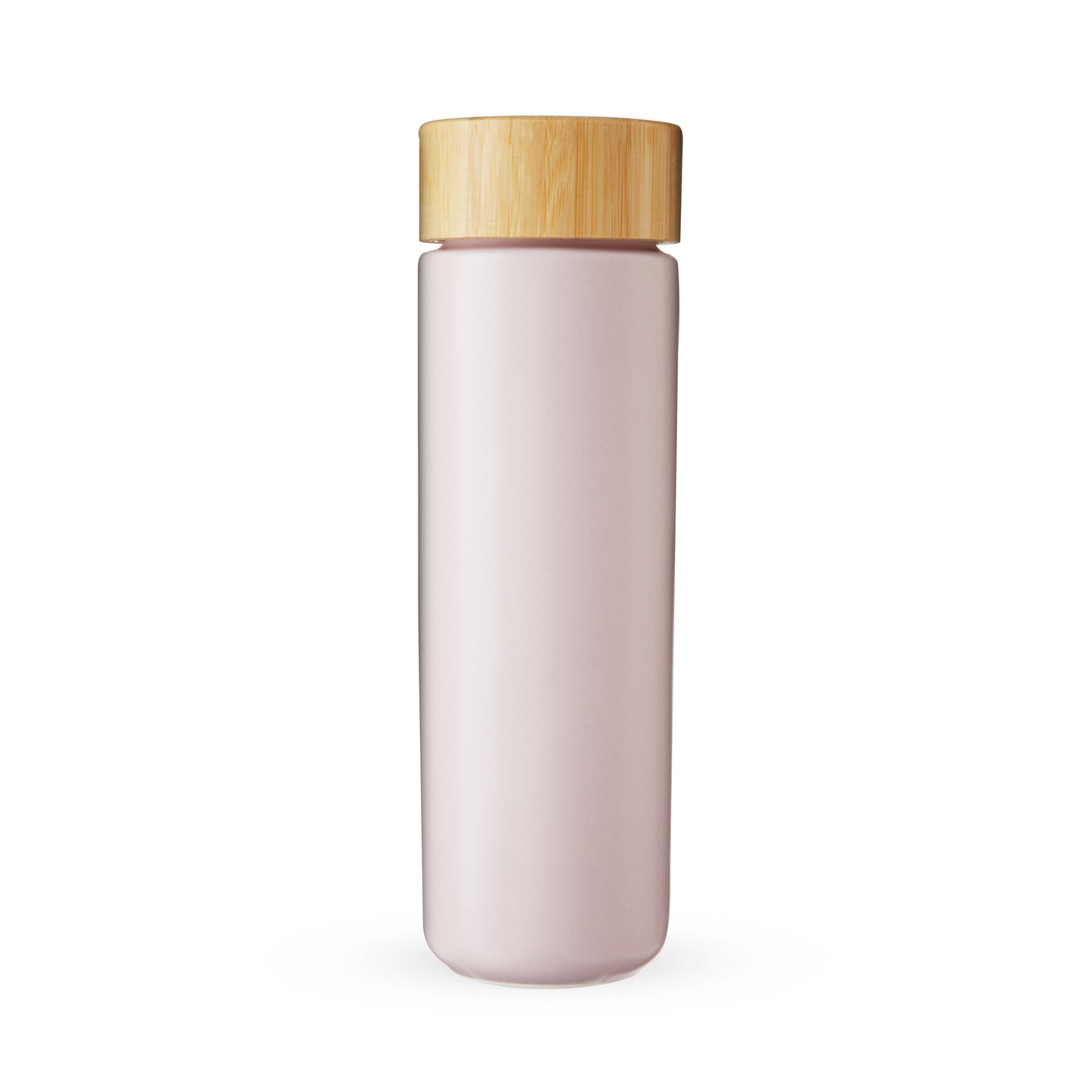 Pink tea infuser bottle with a wooden cap on a white background