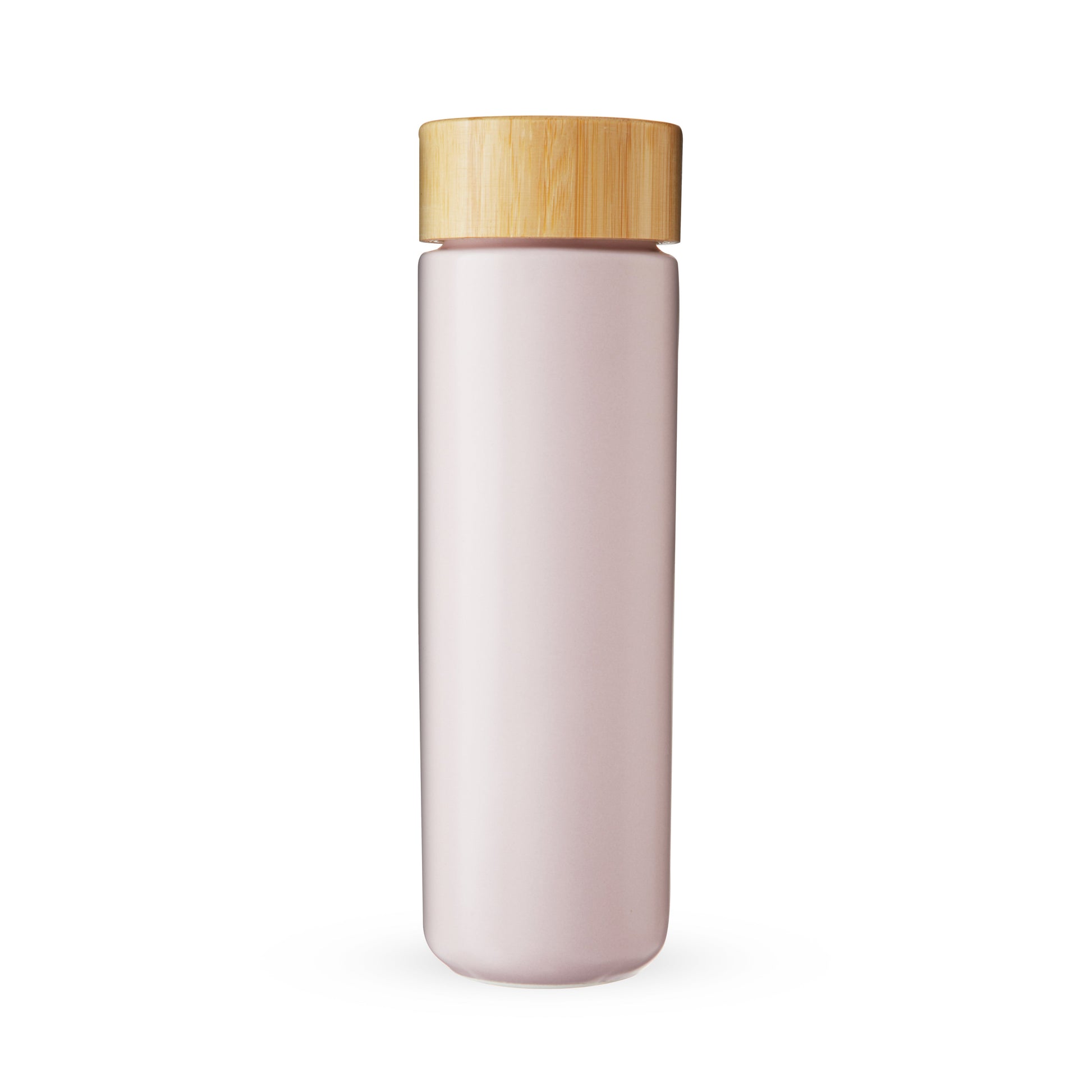 Pink tea infuser bottle with a wooden cap on a white background